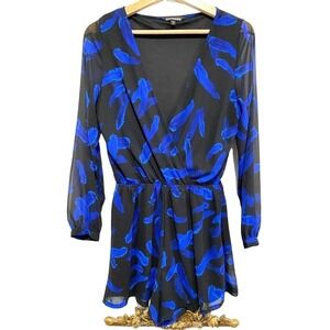 Express - Women's size SP black & blue feather v-neck short jumpsuit